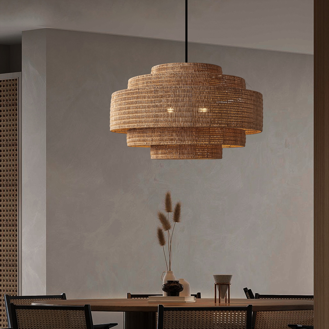 Retro Wabi-sabi style Dining Table Rattan Pendant Light B&B Decoration Handwoven Lampshade