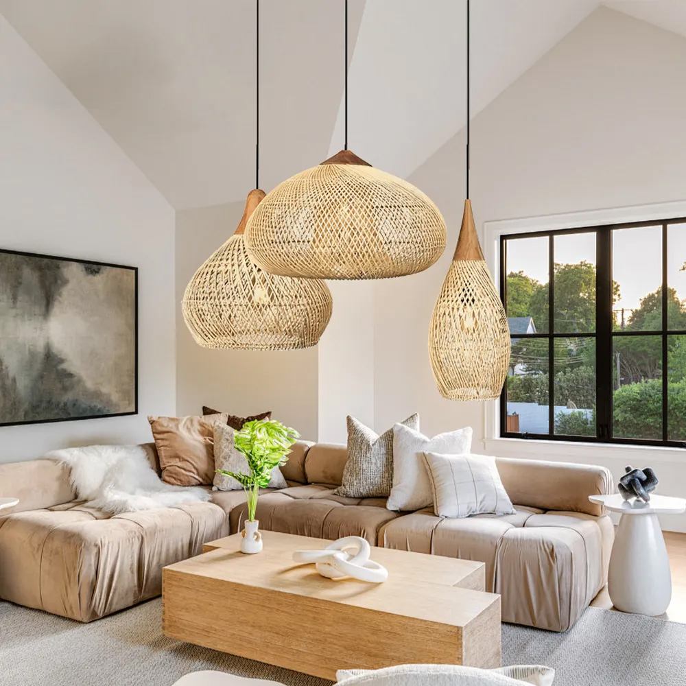 Wabi-Sabi Style Rattan Pendant Light for Living Room Round Base Three-Light Design