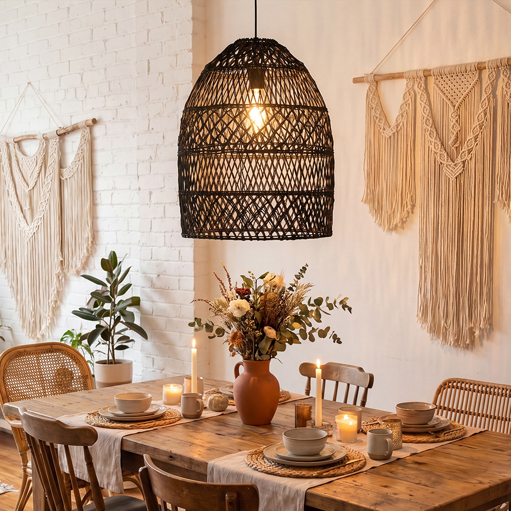 Intricate Black Rattan Lattice Light Artistic Hanging Shade for Dining Room
