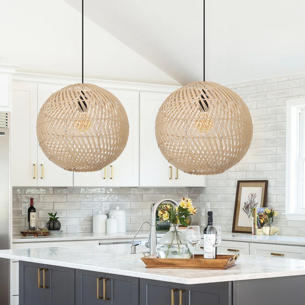 Kitchen Island Spherical Black Rattan Lighting Fixture High-Quality Indoor Wicker Lamp