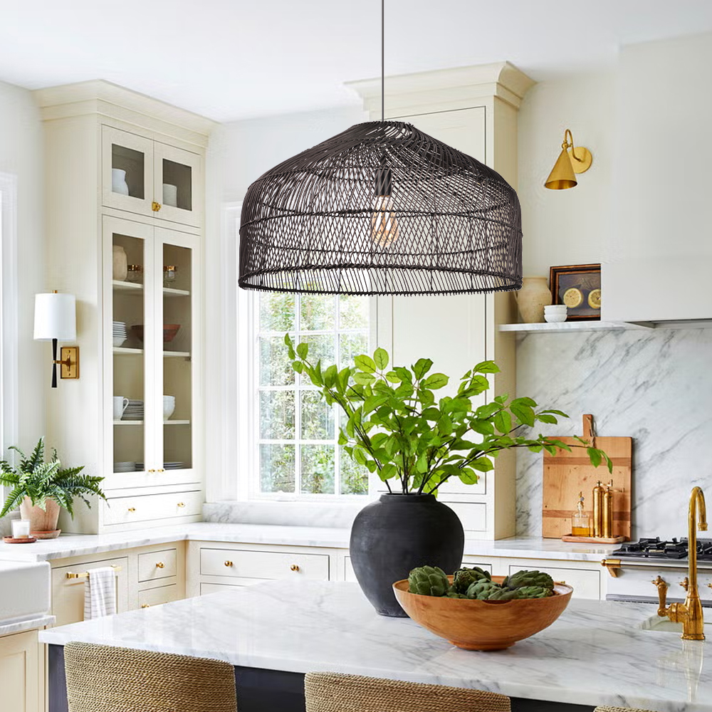 Hand Weave Matte Black Rattan Chandelier Light Easy Install Pendant
