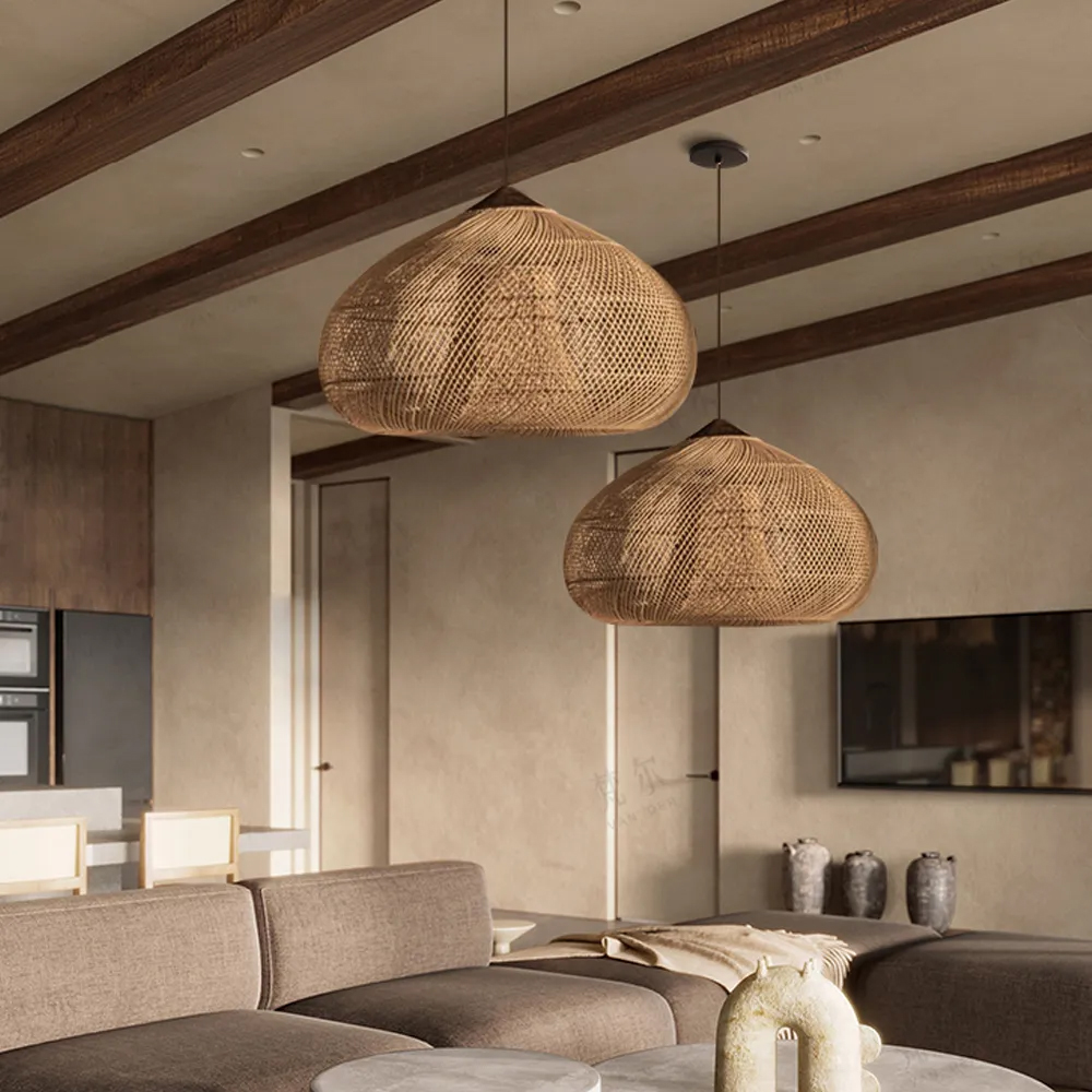 Wabi Sabi Style Retro Dining Room Chandelier Rattan Zen Pendant Light