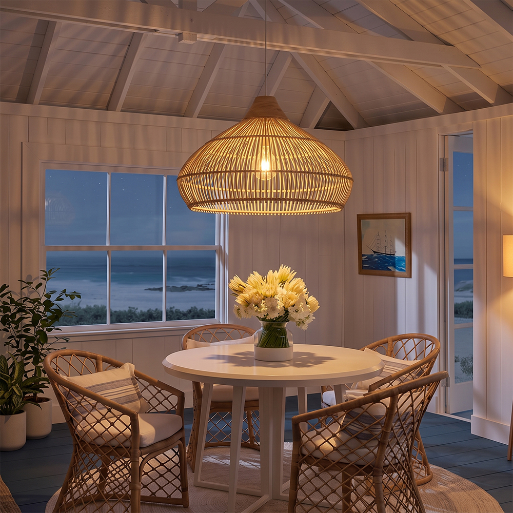 Coastal Lampshade Handmade Natural Woven Lamp Wooden Top Rattan Pendant Light