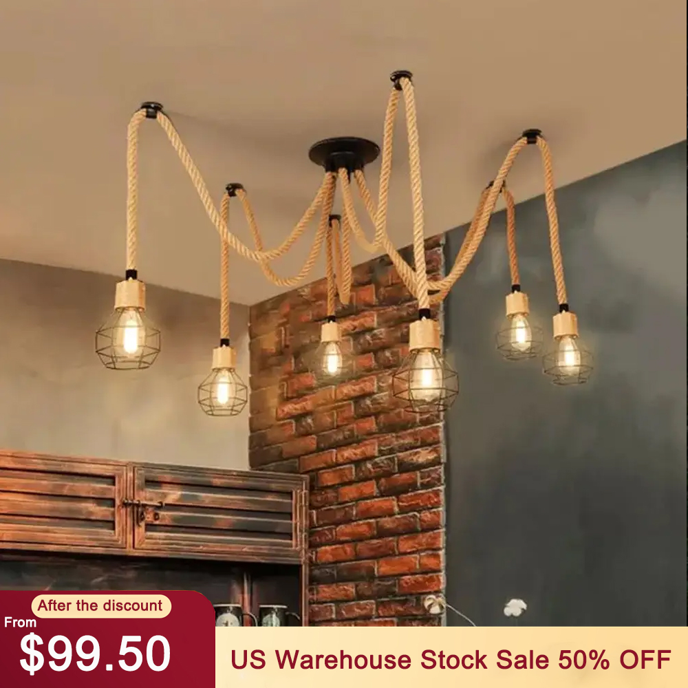 Multi-head ceiling lamp Handwoven Rope Pendant Lighting Fixture