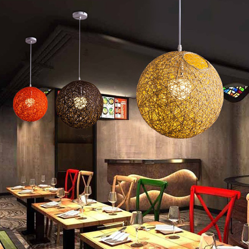 Modern Minimalist Restaurant Decor Rattan Pendant Light Hemp Rope Sphere Lighting
