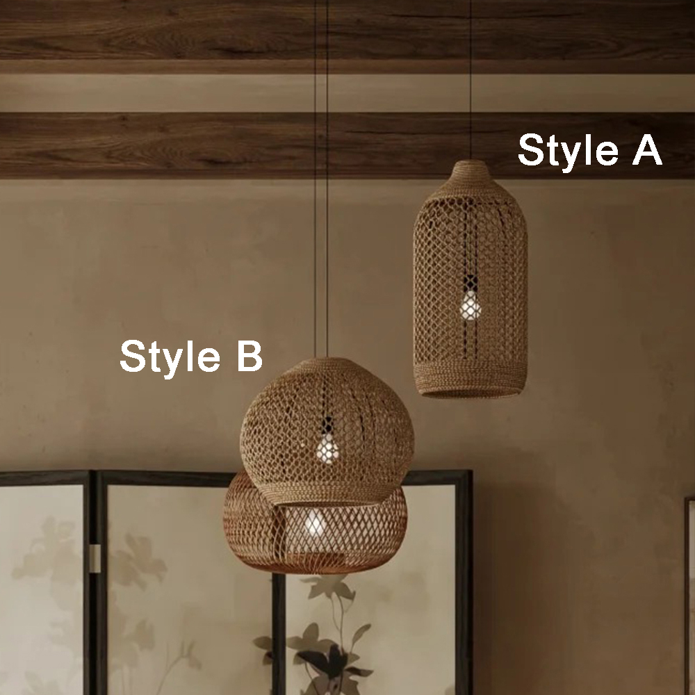 Wabi-sabi Style Living Room Rattan Chandelier Homestay Duplex Staircase Decor Hanging Lamp