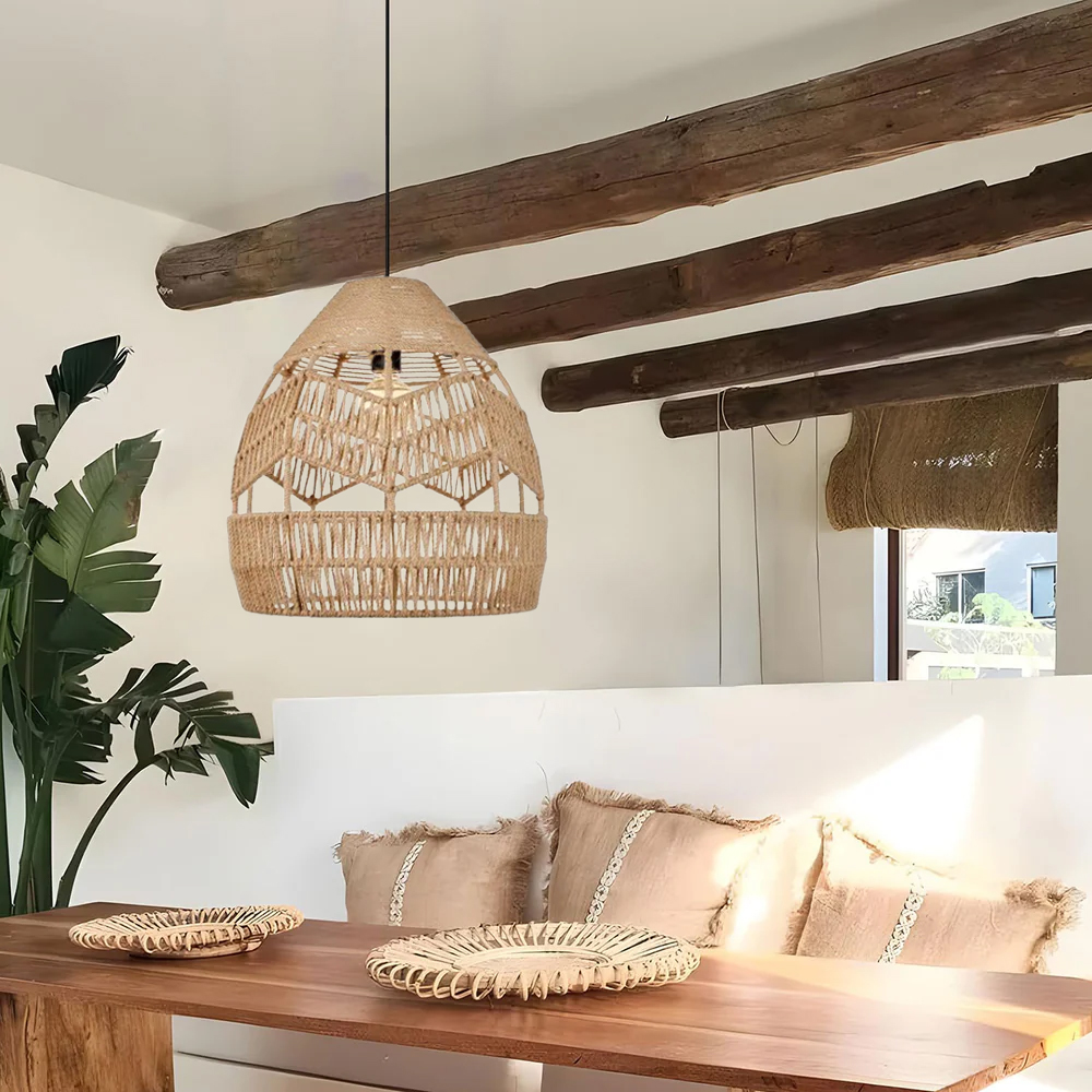Boho Kitchen Island Black Pendant Light Handwoven Rope Hanging Lamp Shade