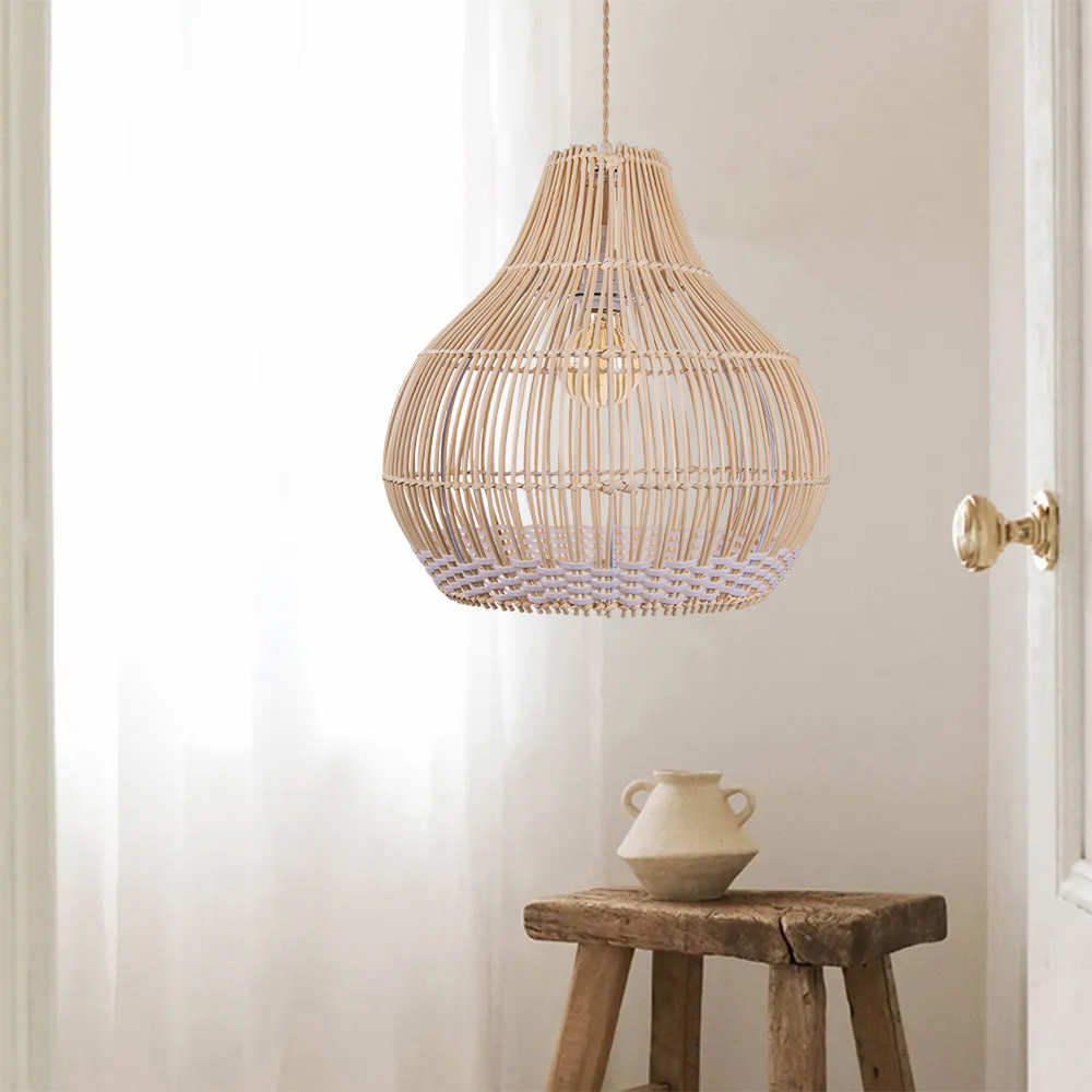 Boho Kitchen Island Rattan Pendant Light Dining Room 2 Lamps Hanging Lamp Fixture
