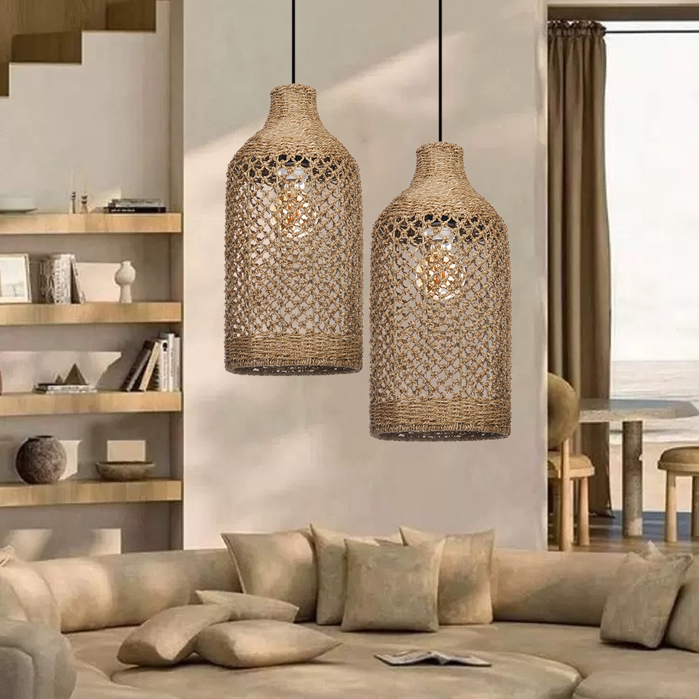 Wabi-sabi Living Room Seagrass Chandelier Retro B&B Decorative Pendant Lamp