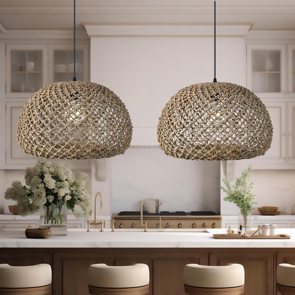Farmhouse Kitchen Island Chandeliers Wicker Coastal Hanging Pendant Lighting for Restaurants