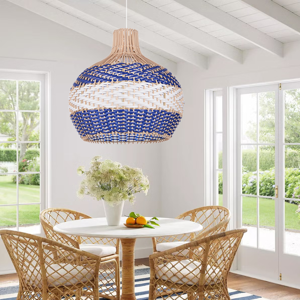 Boho Farmhouse Royal Blue Rattan Hanging Light  for Dining Room