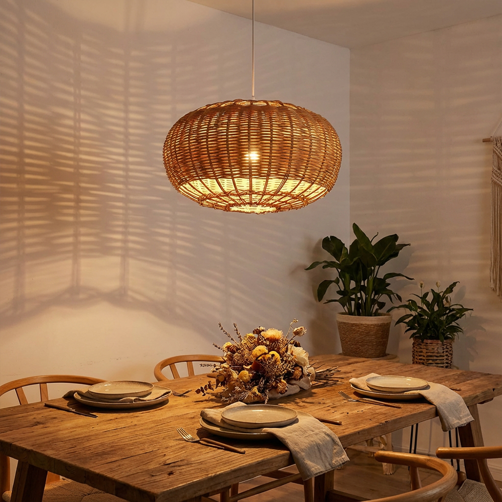 Wabisabi Dining Room Rattan Pendant Lights with White Hardwired