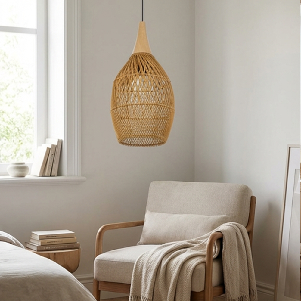 Handmade Rattan Pendant Light Natural Wicker Lampshade for Kitchen Dining Living Room