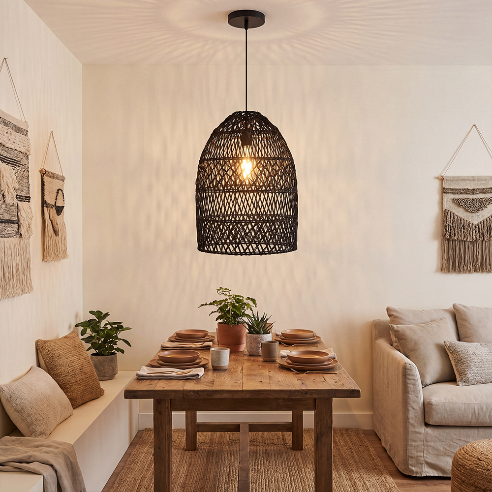 Intricate Black Rattan Lattice Light Artistic Hanging Shade for Dining Room