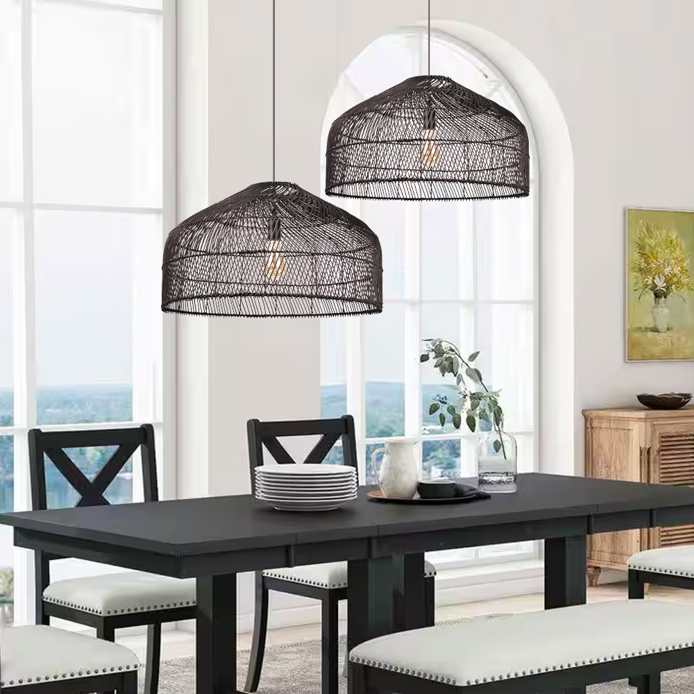 Hand Weave Matte Black Rattan Chandelier Light Easy Install Pendant
