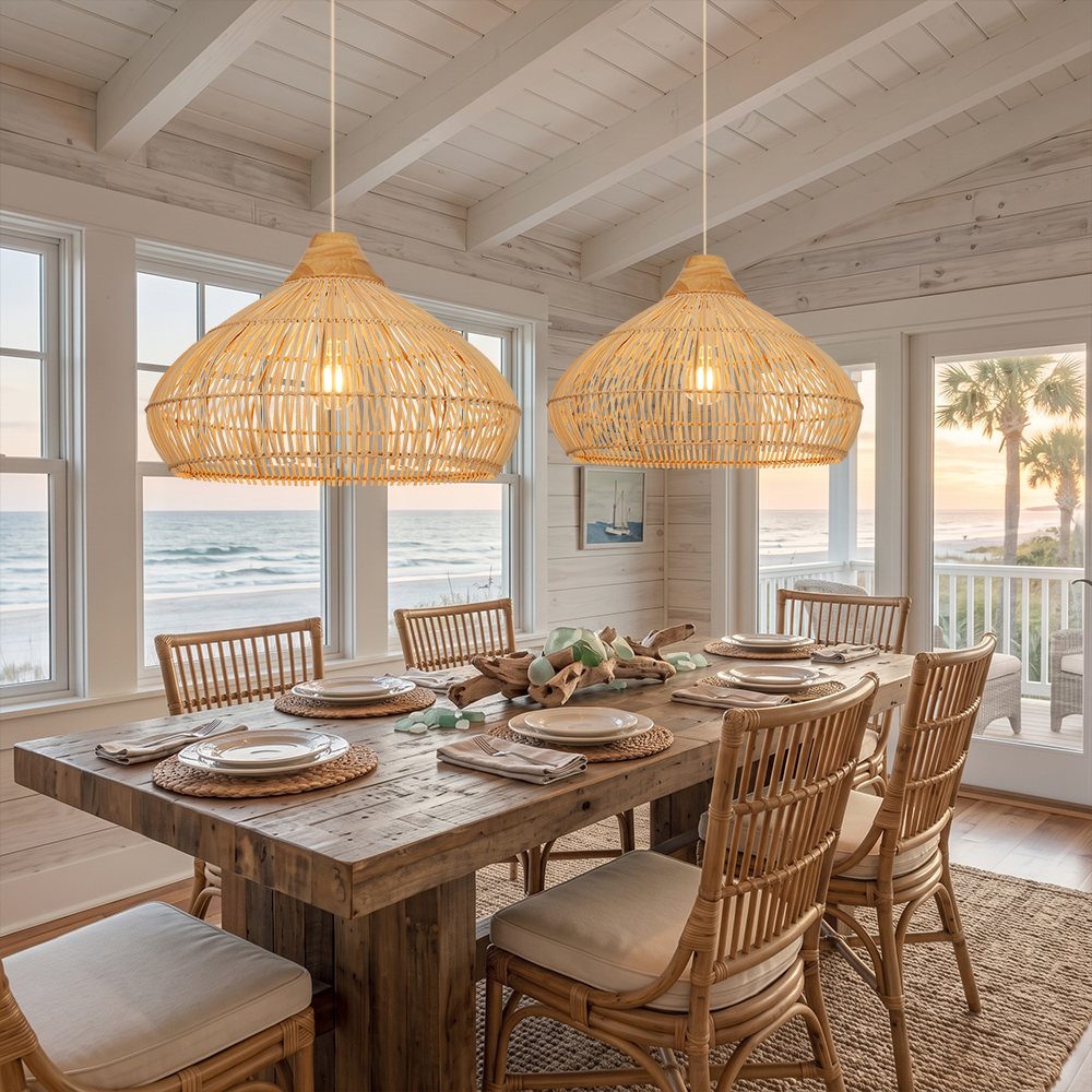 Coastal Lampshade Handmade Natural Woven Lamp Wooden Top Rattan Pendant Light