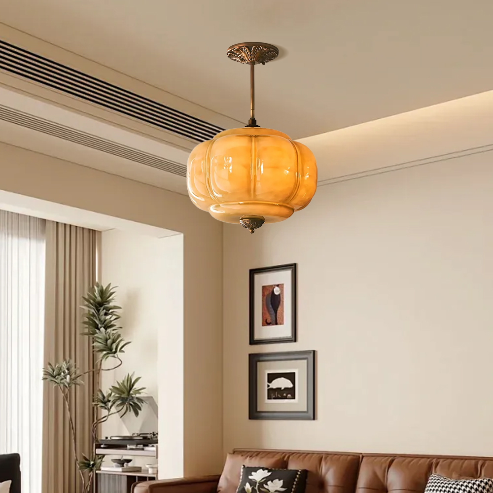 Medieval Vintage Entrance Flush Mount Lamp Simple Pumpkin Glass Pendant Light