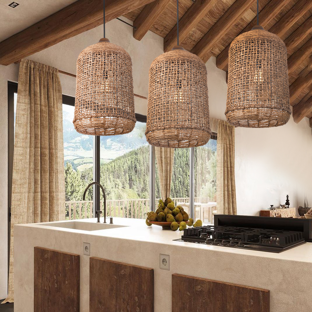 Oversize Wabi-sabi Kitchen Island Light Large Rattan Pendant Light Fixtures