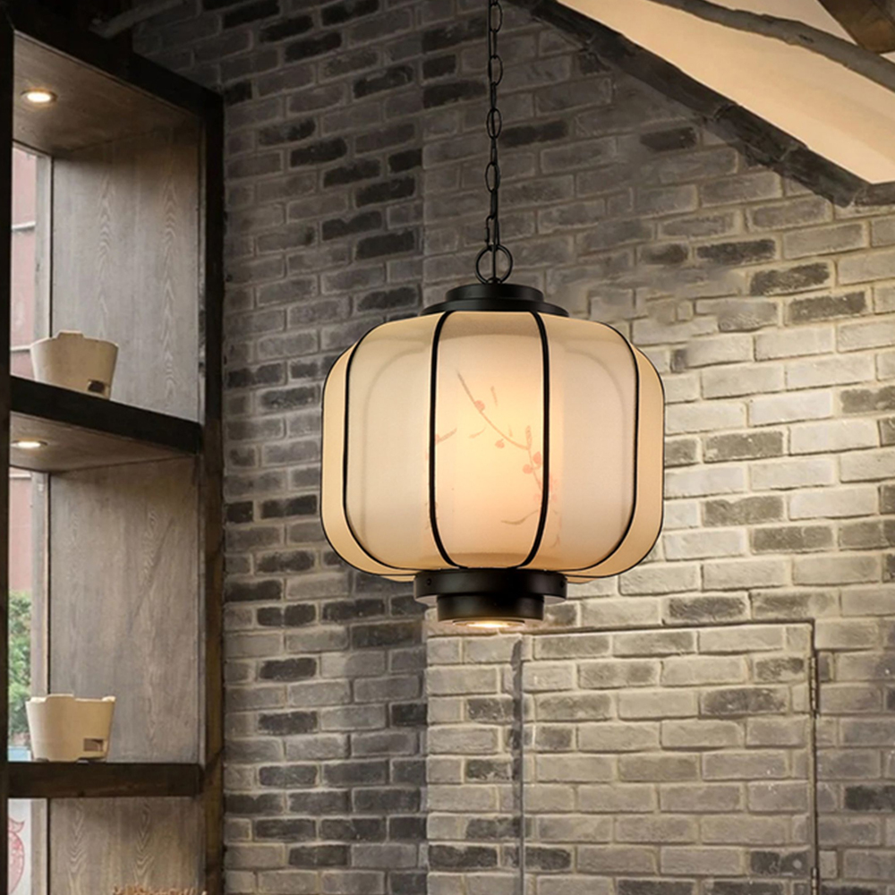 Antique Restaurant Lantern Pendant Light Fabric Decorative Lamp With Spotlights