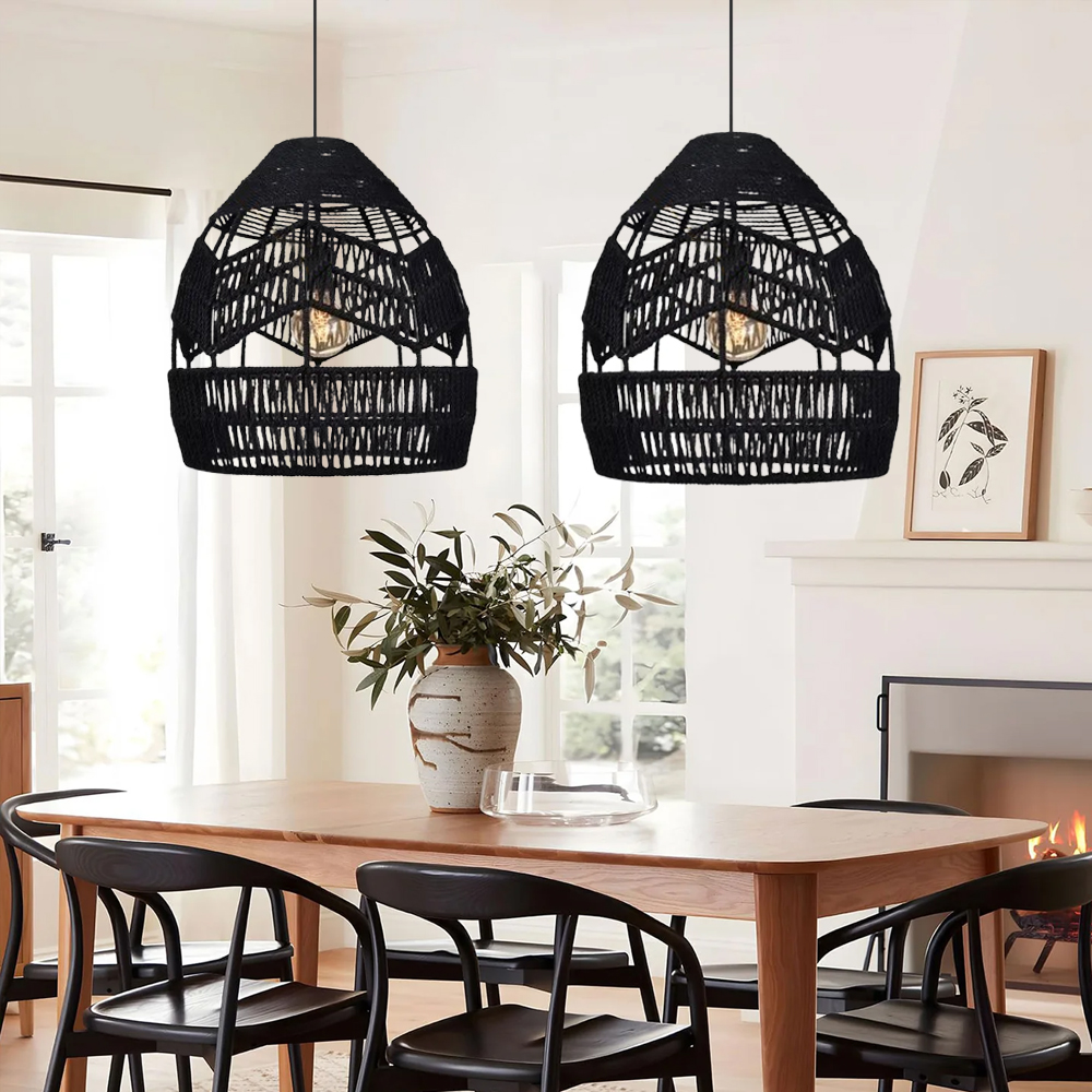 Boho Kitchen Island Black Pendant Light Handwoven Rope Hanging Lamp Shade