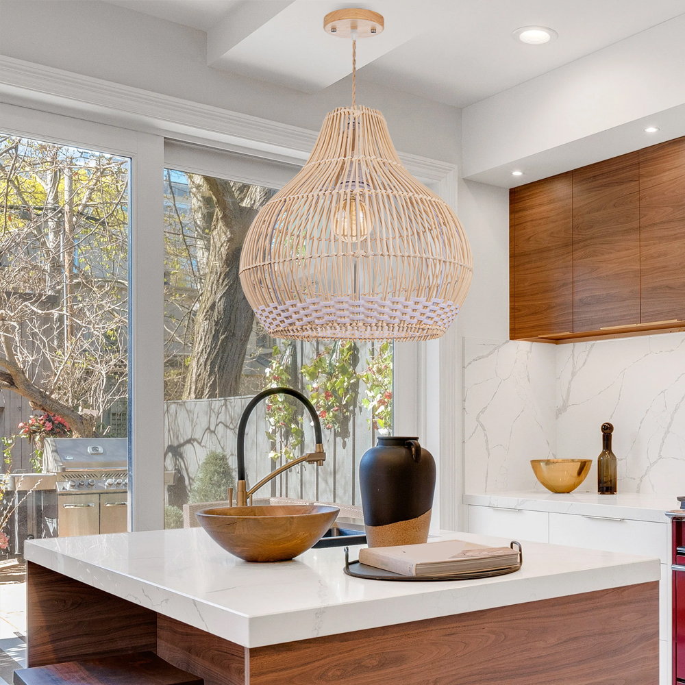 Boho Kitchen Island Rattan Pendant Light Dining Room 2 Lamps Hanging Lamp Fixture