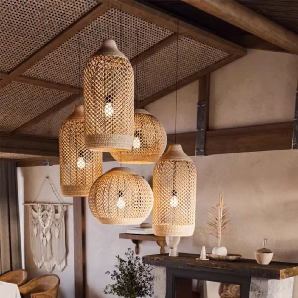 Wabi-sabi Style Living Room Rattan Chandelier Homestay Duplex Staircase Decor Hanging Lamp