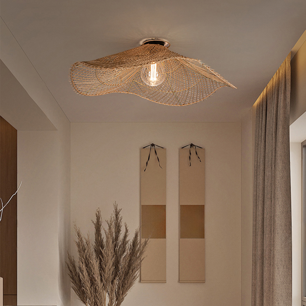 Handwoven Straw Hat Restaurant Pendant Light Wabi-sabi Style Rattan Chandelier