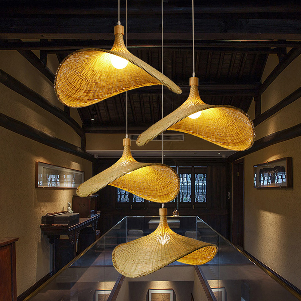 Coastal Living Room Bamboo Woven Pendant Light Japanese Homestay Straw Hat Lamp