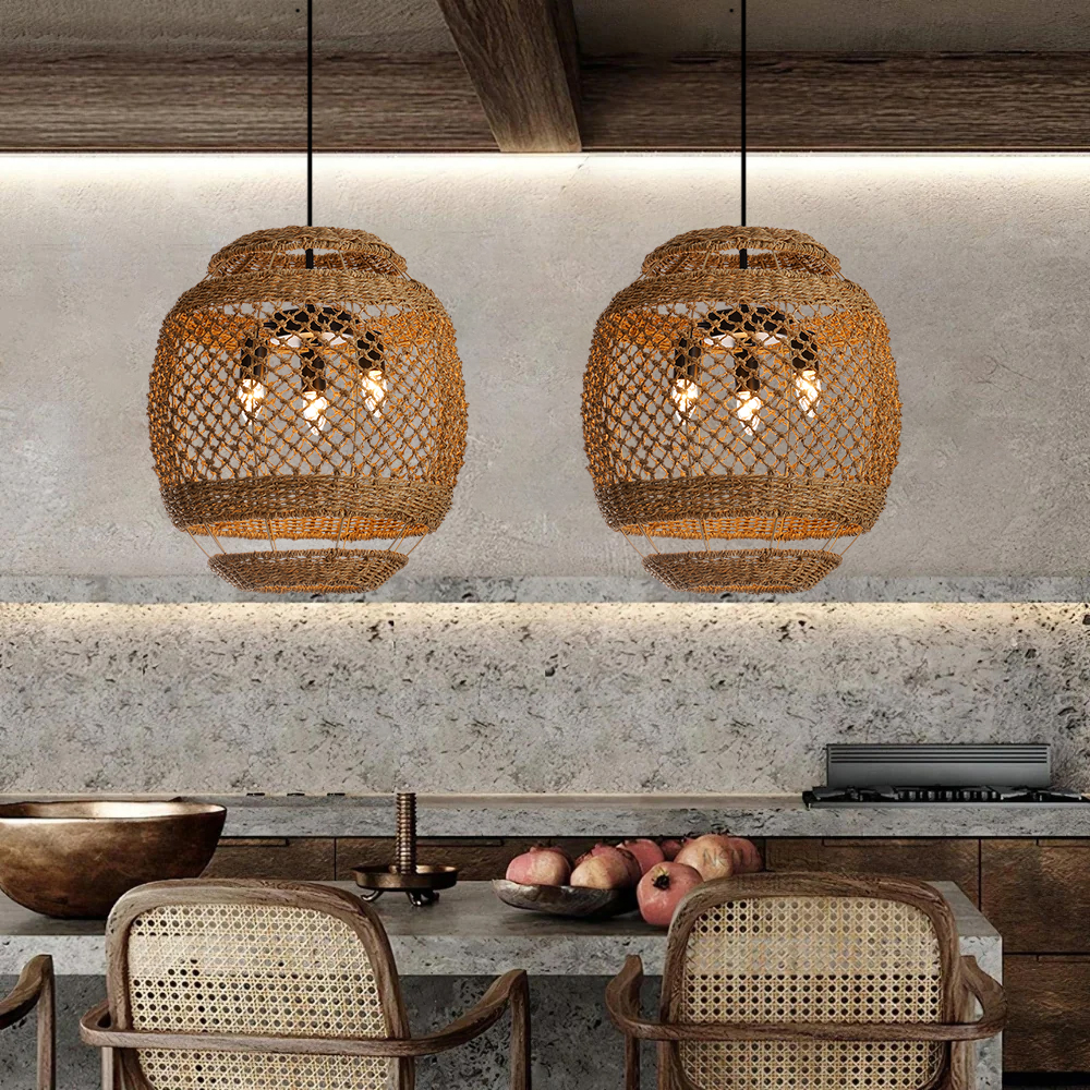 Retro Rattan Chandelier Wabi-sabi Style Kitchen Island 3-light Pendant Lampshade