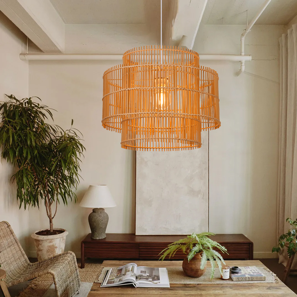Natural Rattan Weaving Hanging Light Wicker Pendant Light Fixture 