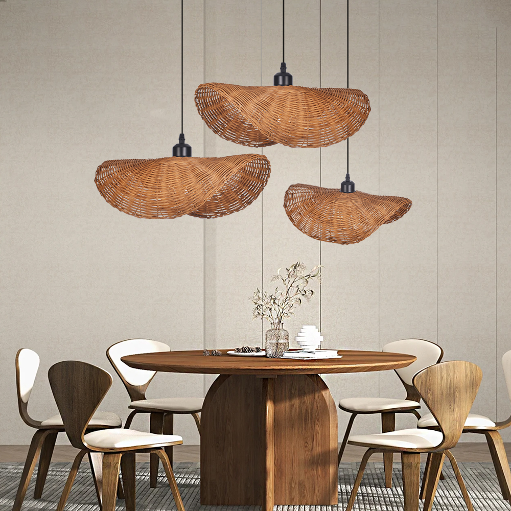 Hat-shaped Rattan Chandelier Wabi Sabi Style Dining Room Wicker Pendant Light Shade