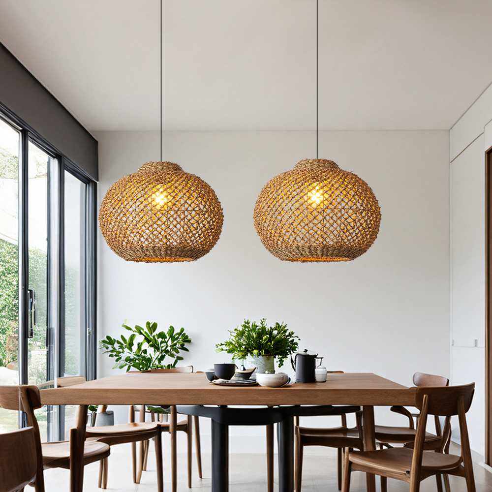 Rustic Rattan Pendant Lights Wabi-sabi Dining Room Chandelier