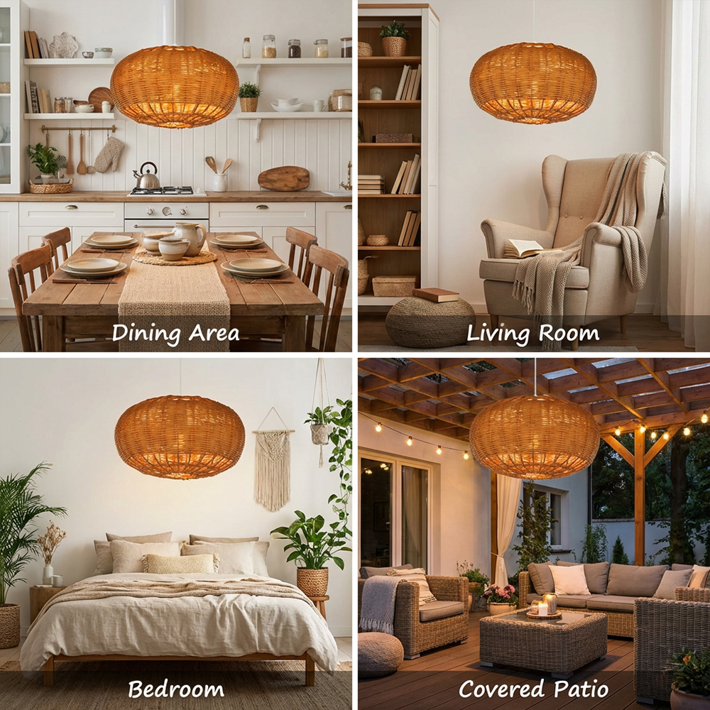 Wabisabi Dining Room Rattan Pendant Lights with White Hardwired