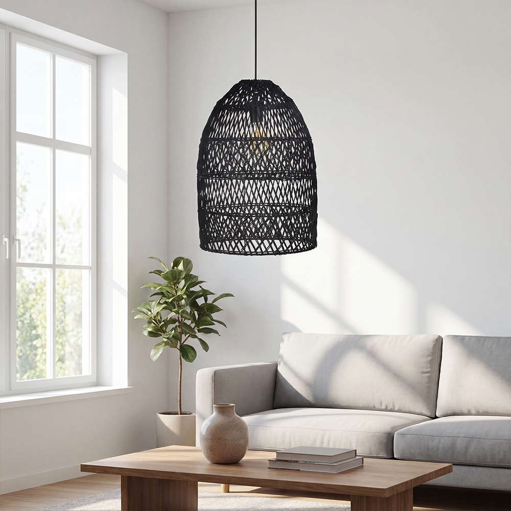 Intricate Black Rattan Lattice Light Artistic Hanging Shade for Dining Room