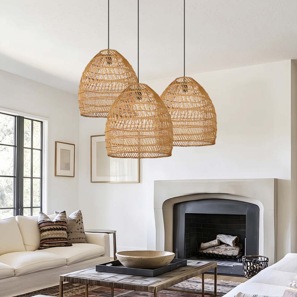 Boho Living Room Hanging Lamp Natural Wicker Pendant Light for B&Bs