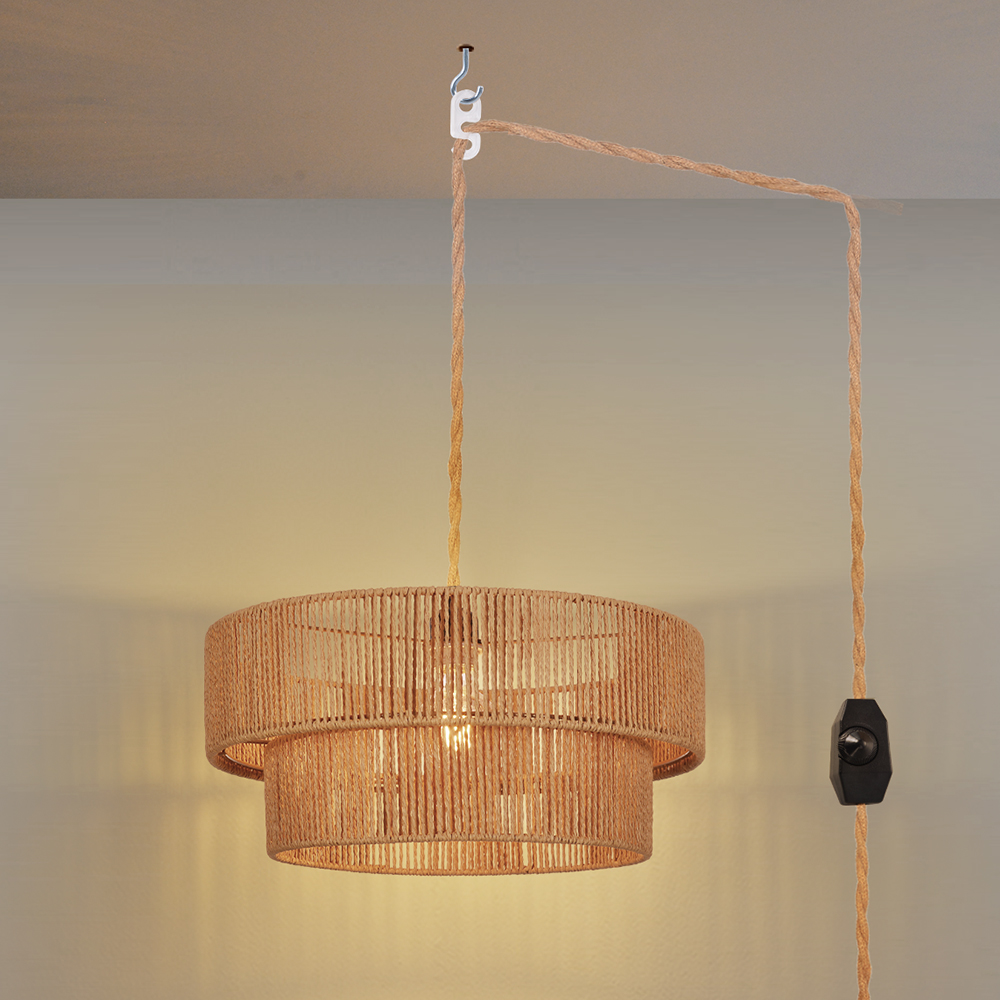 Hand-woven Hemp Rope Pendant Light with Plug Lighting for Living Rooms Kitchens