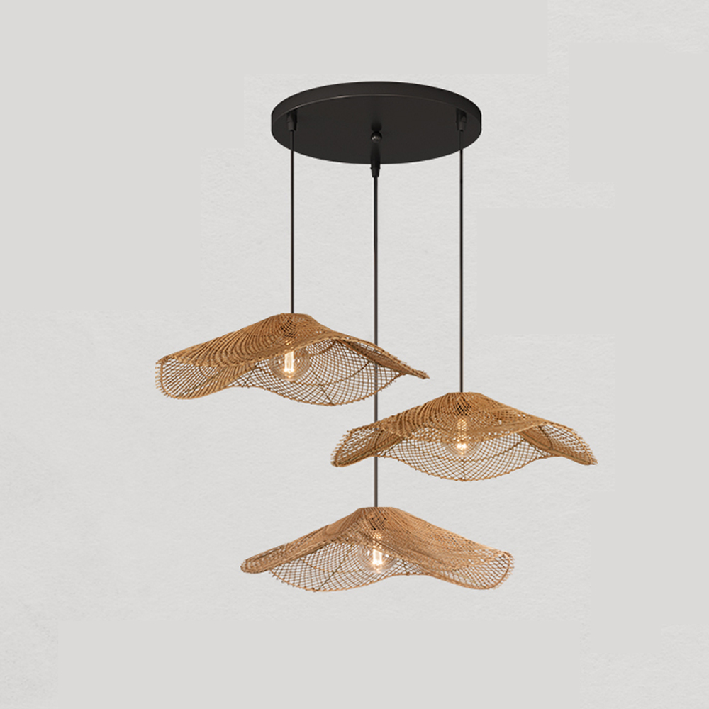 Handwoven Straw Hat Restaurant Pendant Light Wabi-sabi Style Rattan Chandelier