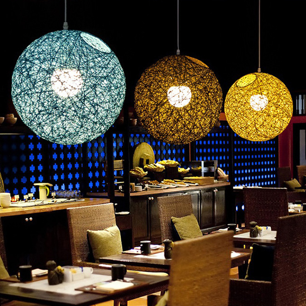 Modern Minimalist Restaurant Decor Rattan Pendant Light Hemp Rope Sphere Lighting