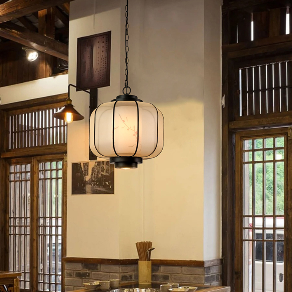 Antique Restaurant Lantern Pendant Light Fabric Decorative Lamp With Spotlights
