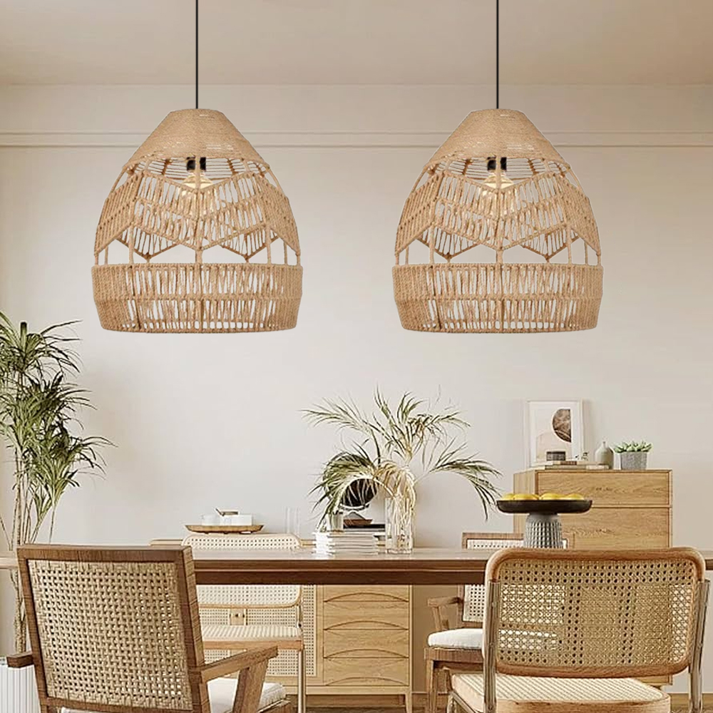 Boho Kitchen Island Black Pendant Light Handwoven Rope Hanging Lamp Shade