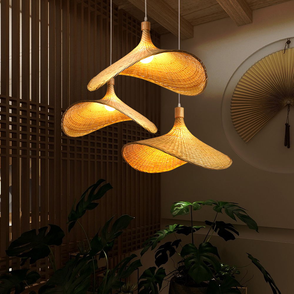 Coastal Living Room Bamboo Woven Pendant Light Japanese Homestay Straw Hat Lamp