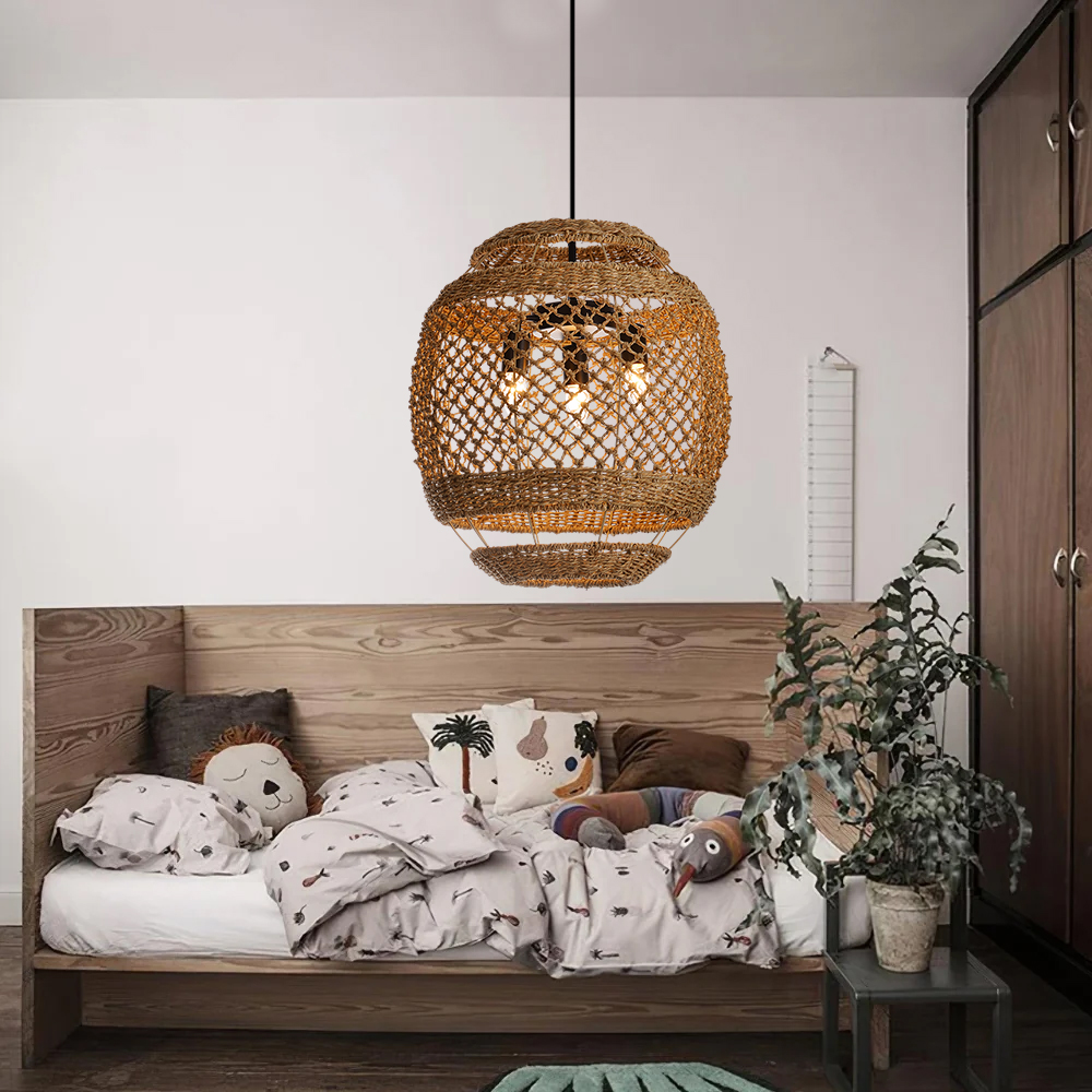 Retro Rattan Chandelier Wabi-sabi Style Kitchen Island 3-light Pendant Lampshade