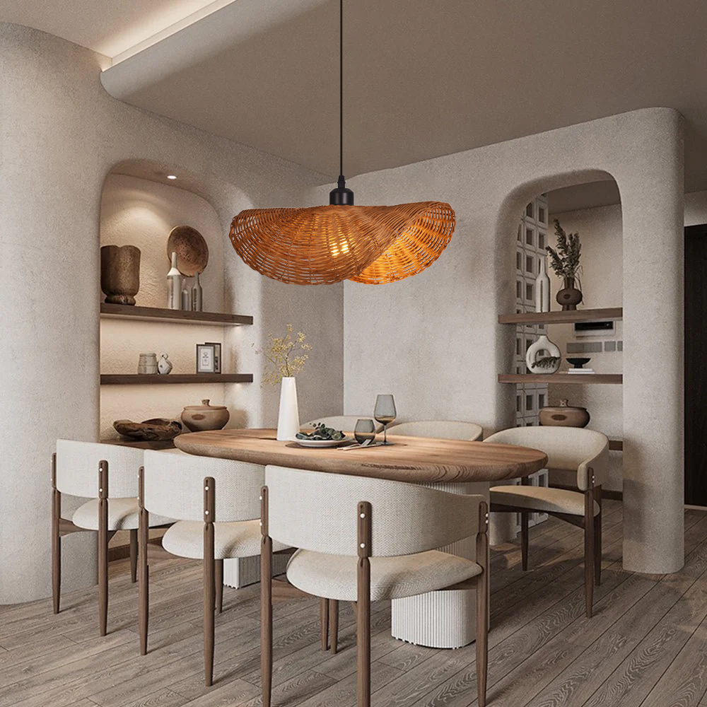 Hat-shaped Rattan Chandelier Wabi Sabi Style Dining Room Wicker Pendant Light Shade