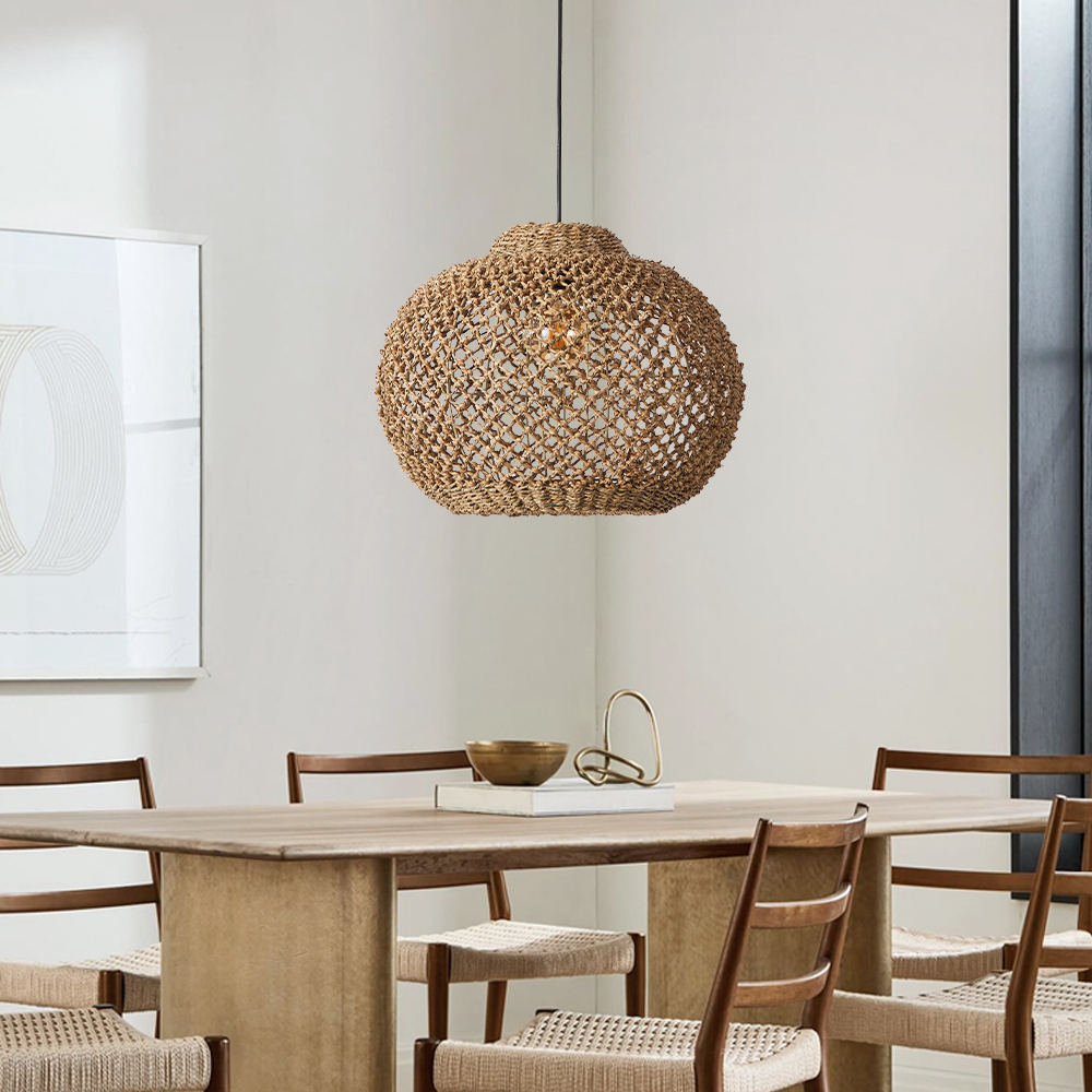 Rustic Rattan Pendant Lights Wabi-sabi Dining Room Chandelier