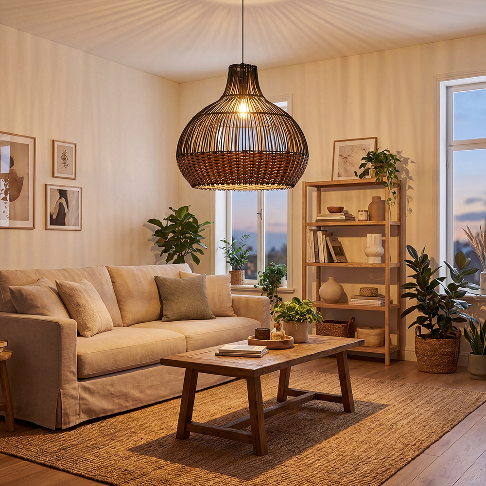 Cozy Ambient Glow Black Rattan Hanging Light for Living Room