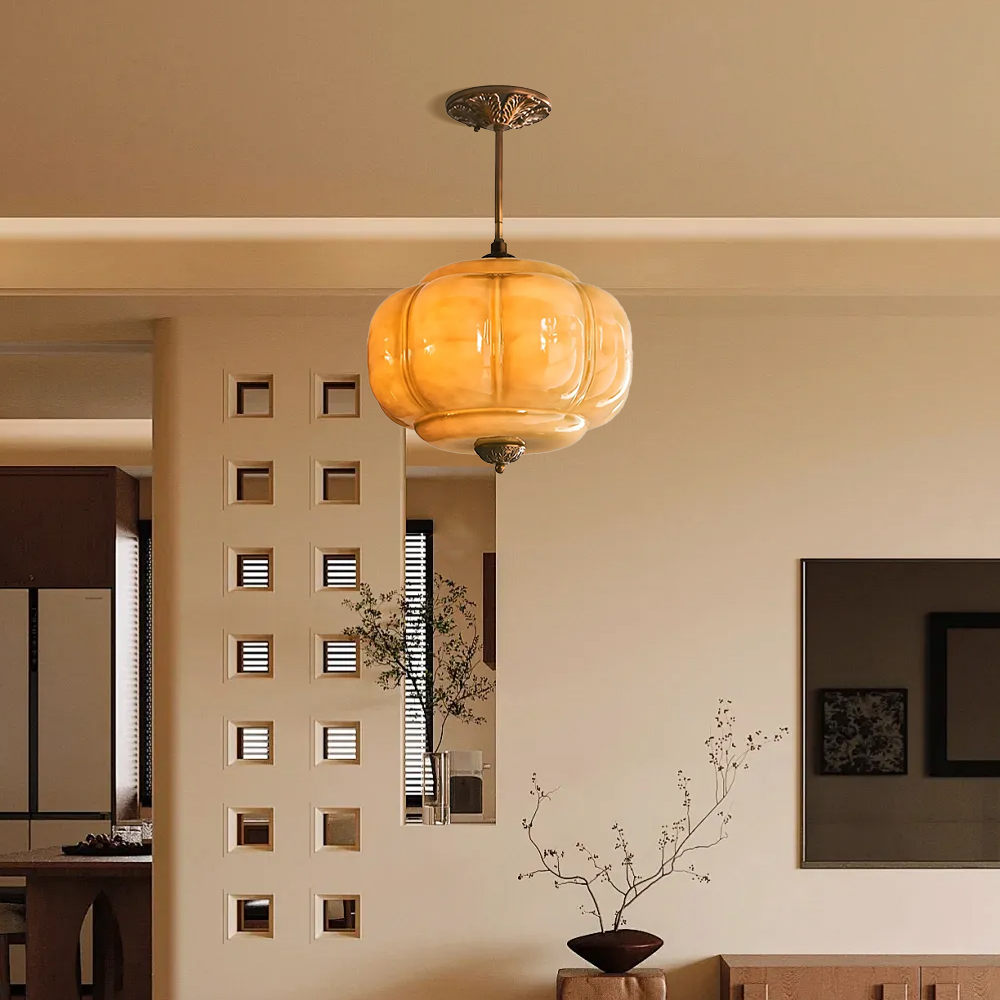 Medieval Vintage Entrance Flush Mount Lamp Simple Pumpkin Glass Pendant Light