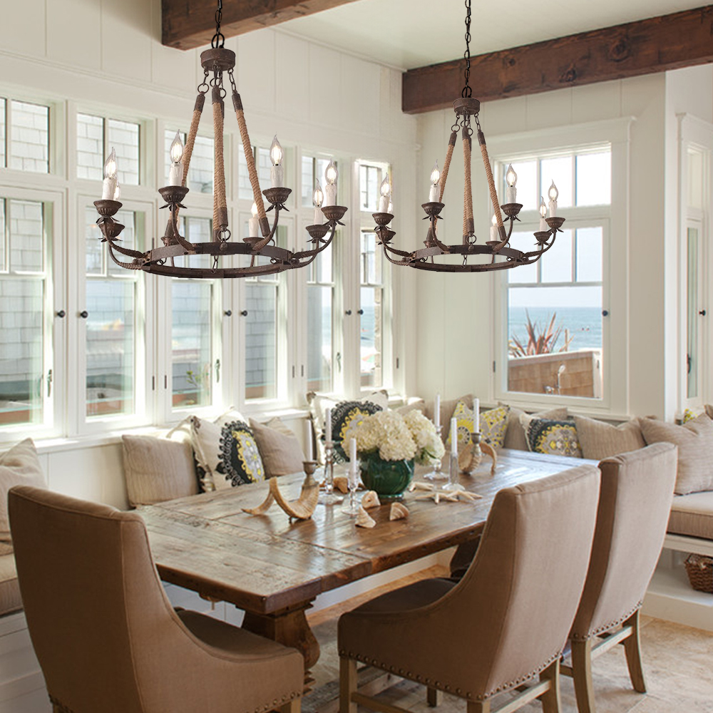 Candle Rustic Hemp Rope & Metal 8-Light Chandelier