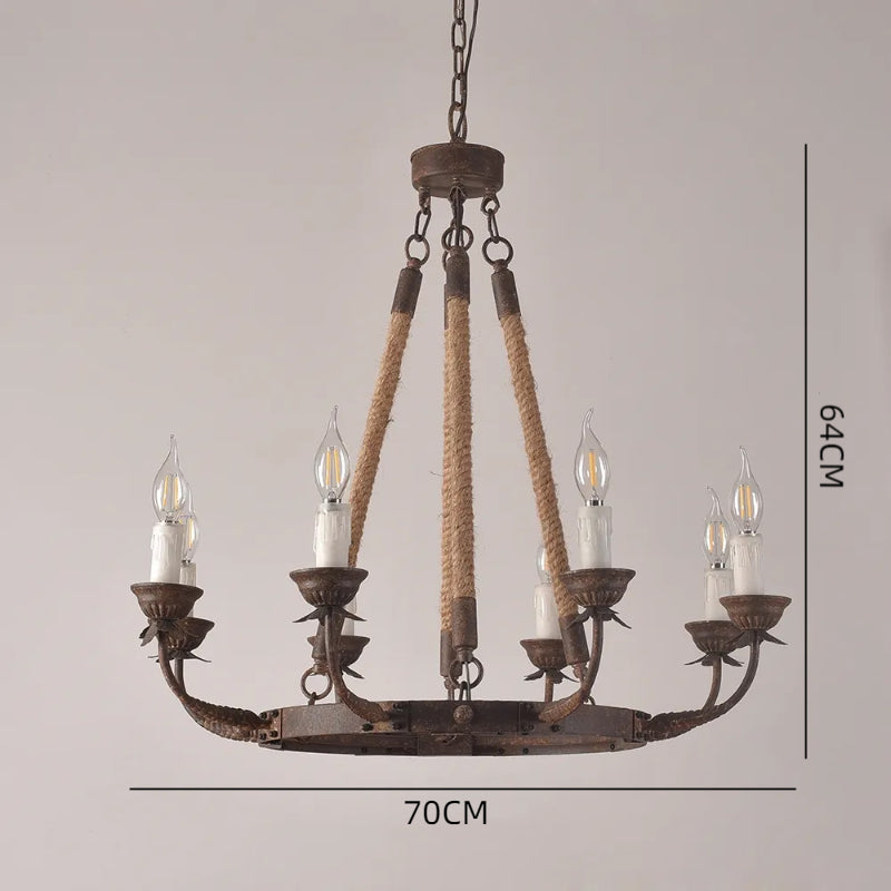 Candle Rustic Hemp Rope & Metal 8-Light Chandelier