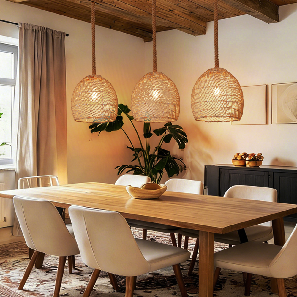 Japandi Rattan Lampshade Hand Wicker Chandelier for Kitchen Dining Room