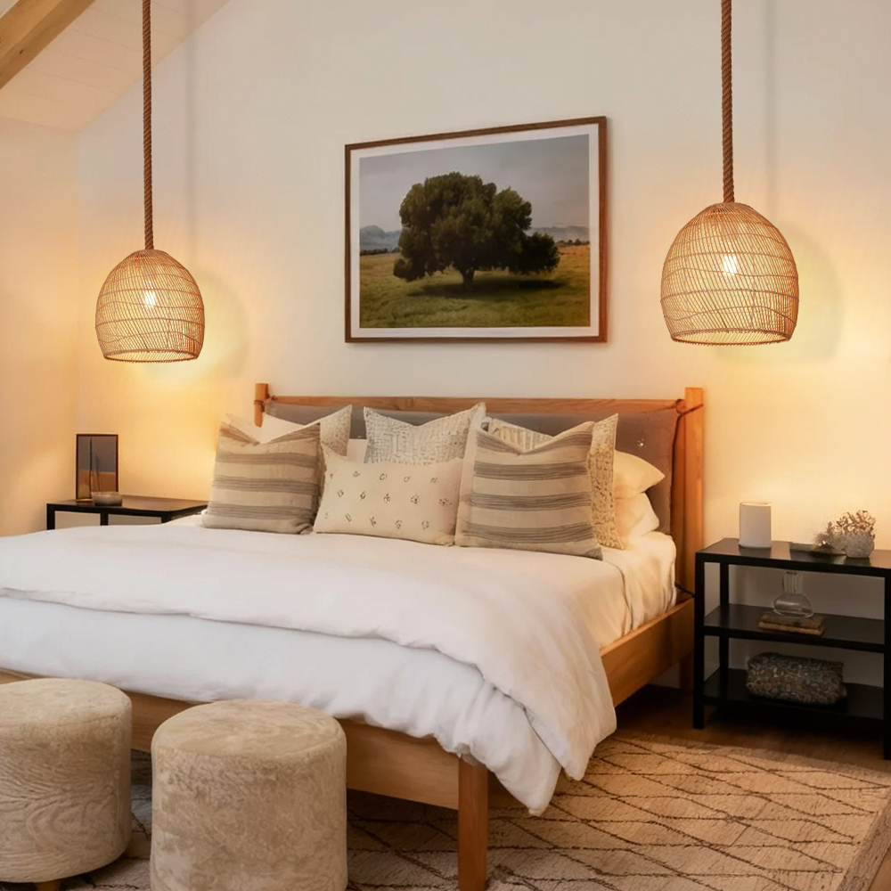 Japandi Rattan Lampshade Hand Wicker Chandelier for Kitchen Dining Room